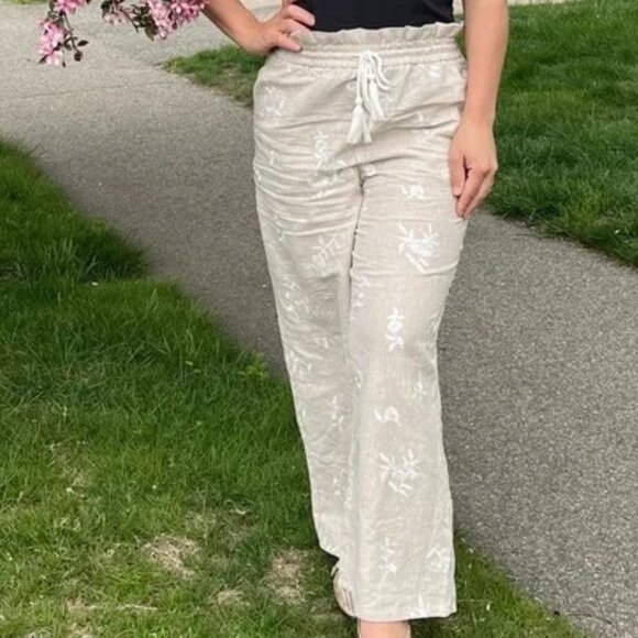 House of Harlow 1960 Beige Floral Wide Leg Linen Blend Pants Size M - Picture 1 of 15